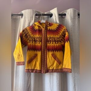 Kids Yellow & Red Alpaca Fina Patterned Zip up Sweater Hoodie (S), made in Peru